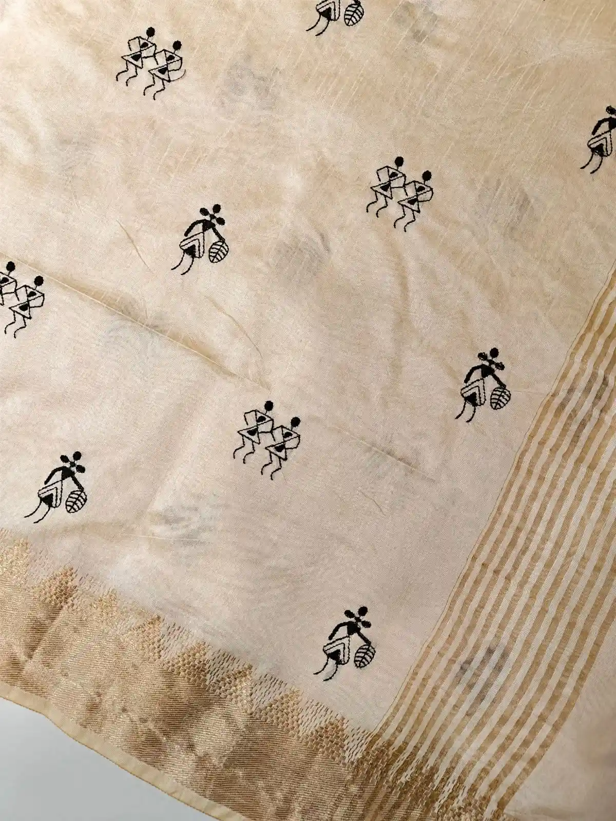 Off - White Soft Assam Silk Saree with Embroidered Warli Design Saree